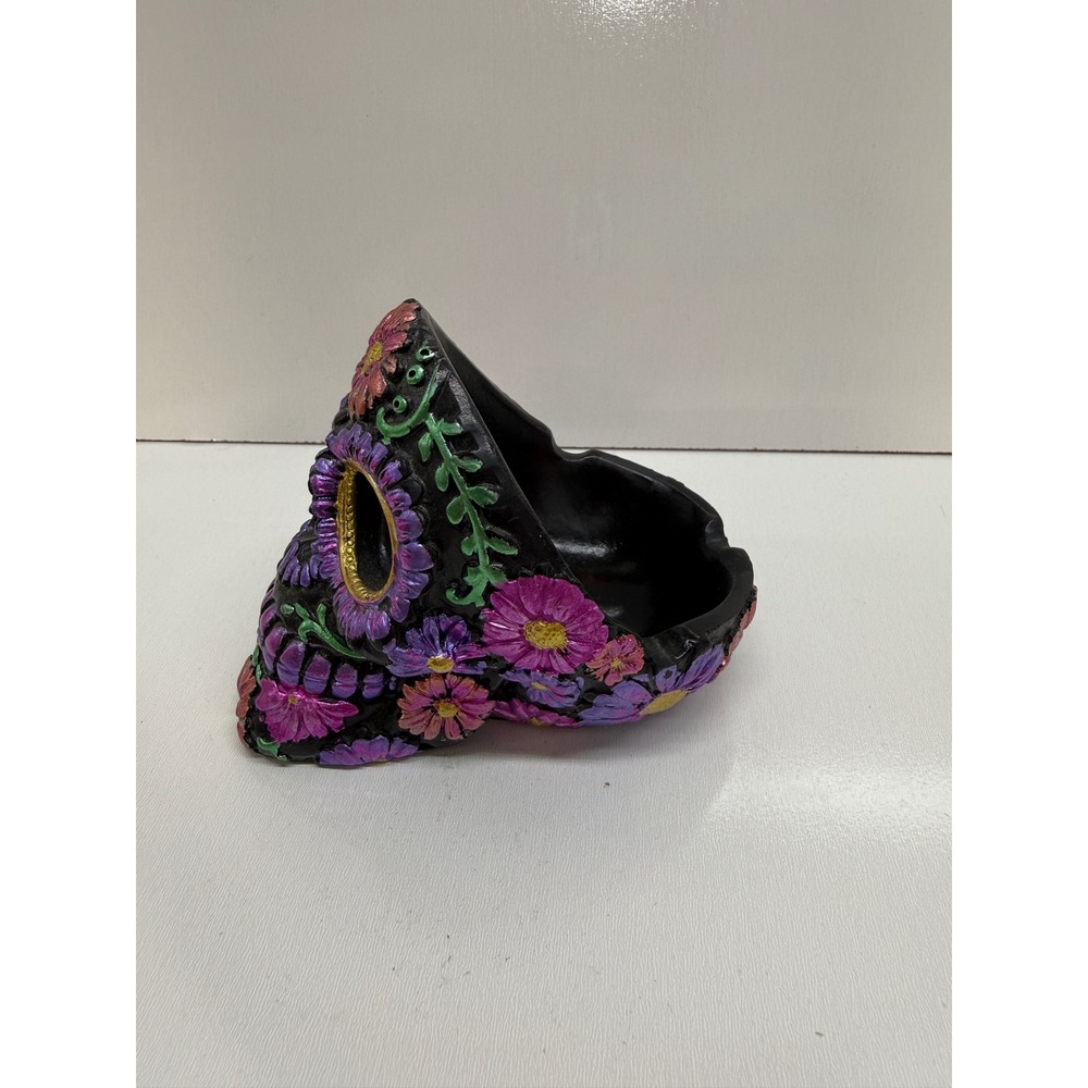 Hand Painted Sugar Skull Ashtray Day of the Dead Floral Black Purple Gold